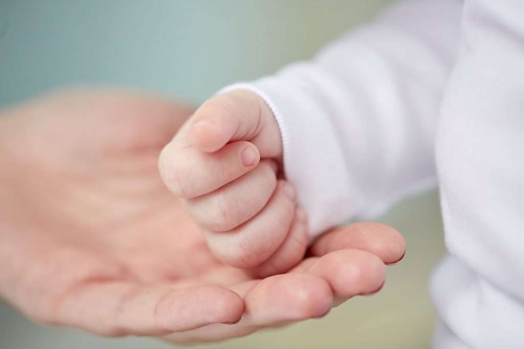 Cropped image of adult and baby hand.