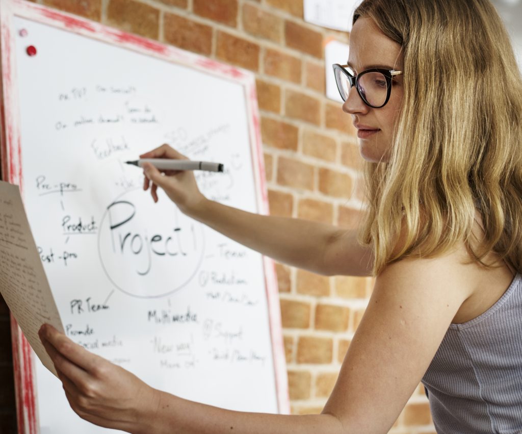 Woman writing project plan on whiteboard.