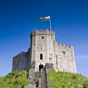 Castle on hilltop flying Welsh flag.