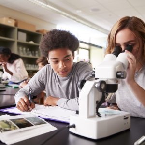 Two students studying biology, one looking in microscope and the other writing.