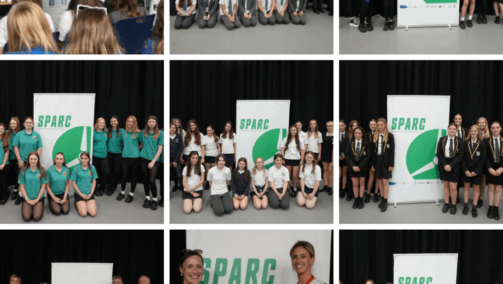 Collage of 9 pictures of students and organisers next to SPARC banner