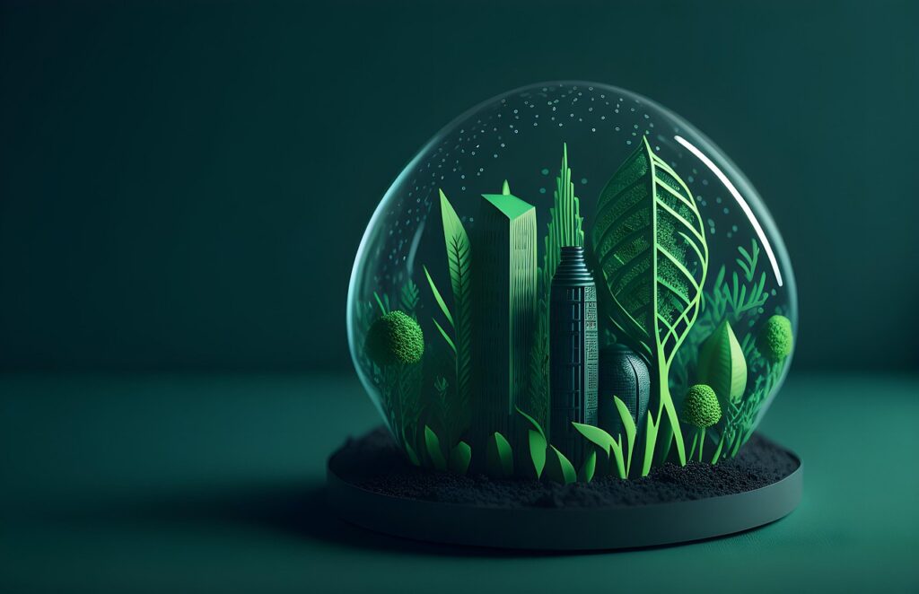 A mini city in green hues within a clear dome