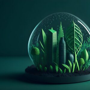 A mini city in green hues within a clear dome
