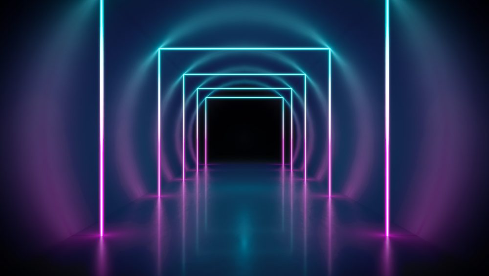 Background image of neon lights lighting a tunnel.