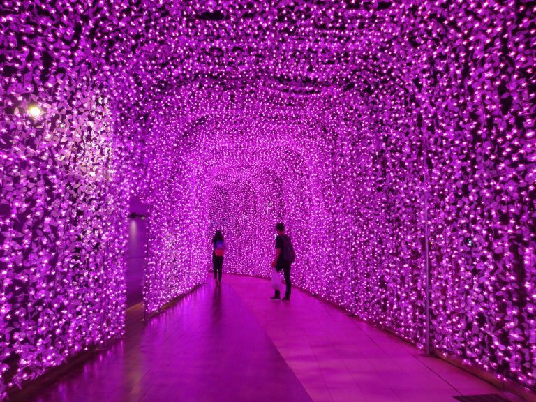 Two people in tunnel lit by purple fairy lights.