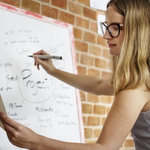 Woman writing project plan on whiteboard.