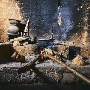 Traditional fire pit stove and pots.