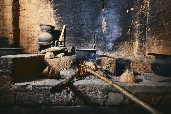 Traditional fire pit stove and pots.