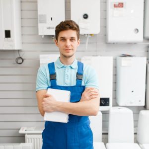 Man standing in front of gas boilers