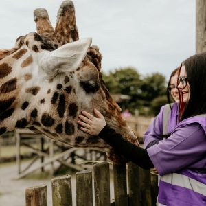 Learners wearing purple hi-vis stroking a giraffe