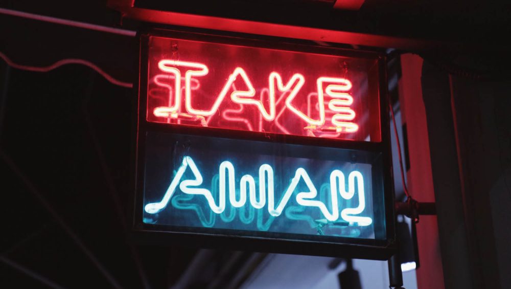 Neon light sign text: Take Away
