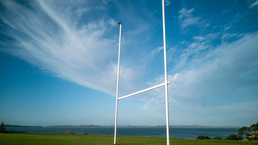 Rugby field gate on green grass