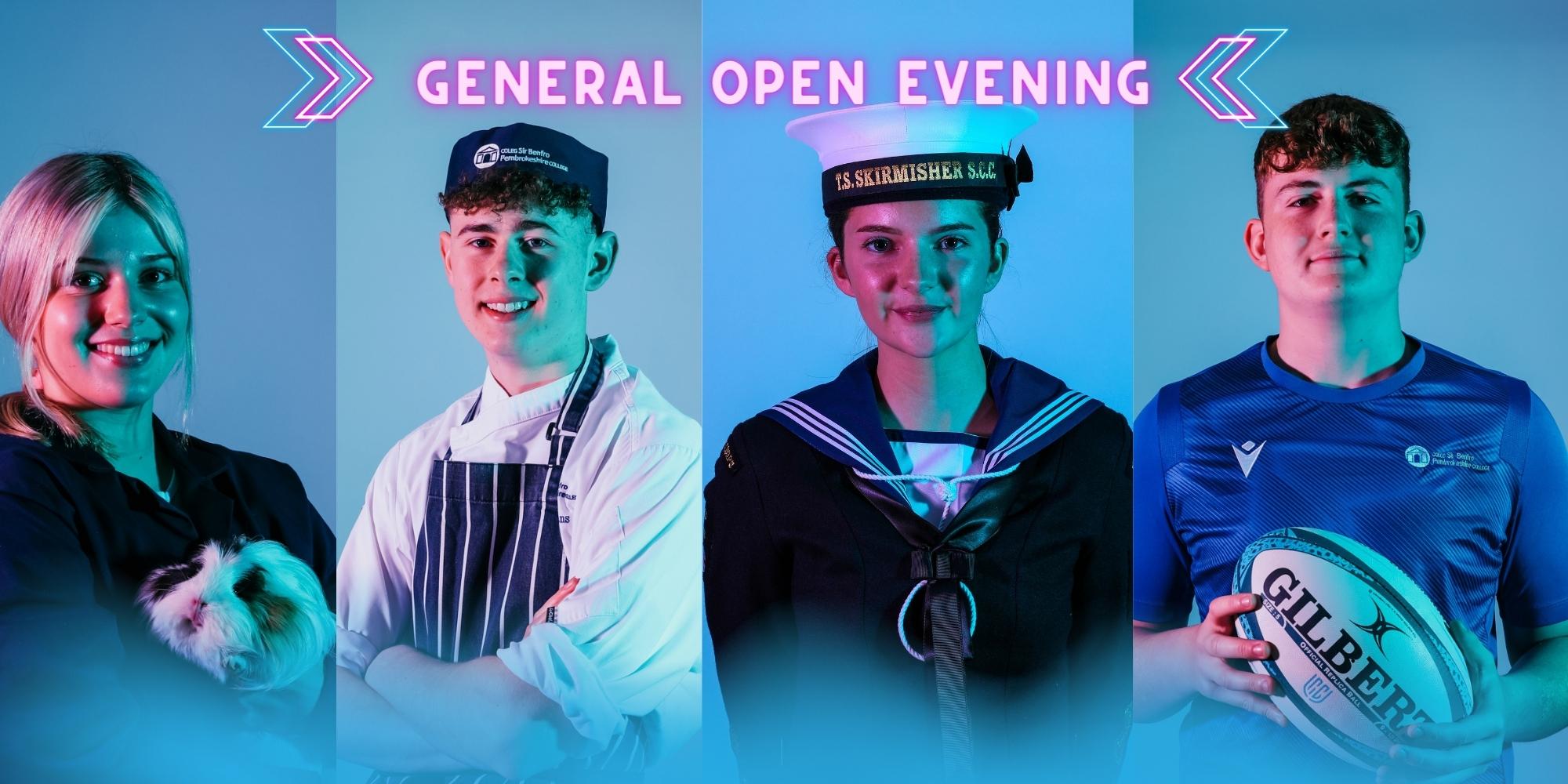 Four students dressed in career based outfits: vet, chef, salon and rugby player. General Open Evening text in neon.