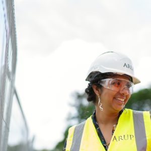 Person wearing a hard hat and high Visibility vest 