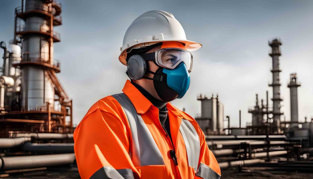 perosn in protective clothing, face mask, goggles, ear defenders, helmet and hi-vis jacket.