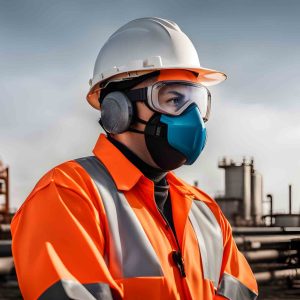 perosn in protective clothing, face mask, goggles, ear defenders, helmet and hi-vis jacket.