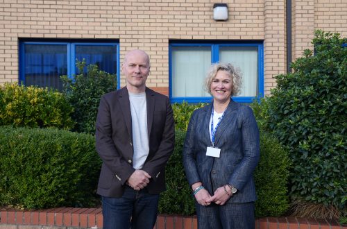 Architect Michael Pawlyn and Head of Built Environment Wendy stood smiling