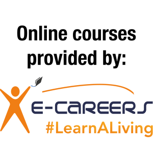 Text: Online courses provided by: e-careers #Learn A Living