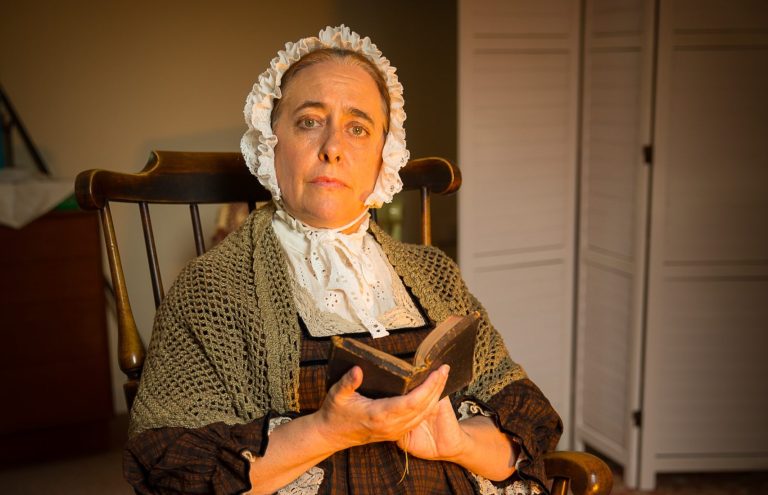 In rehearsal for Daughter of Bala. Clare Drewett as Betsi Cadwaladr, Adele Cordner as Jane Williams/Florence Nightingale.