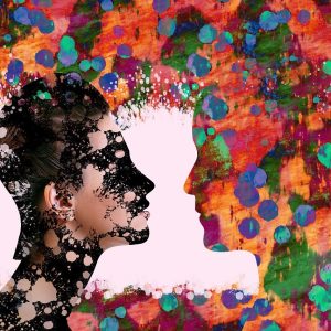 Colourful abstract images of the profile of two heads