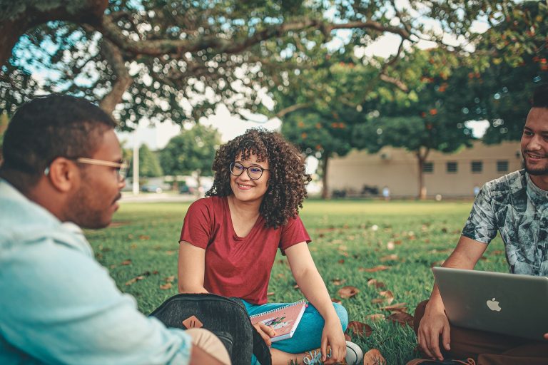 Students sitting on grass with trees and buildings in background.