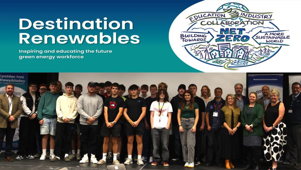 Destination Renewables heading and logo above a group of learners