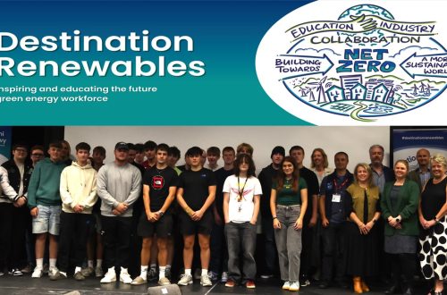 Destination Renewables heading and logo above a group of learners