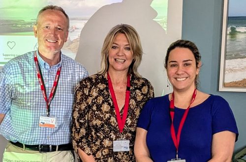 Rob Hiller, Hayley Williams and Luciana Ciubotariu standing in front wow classroom whiteboard