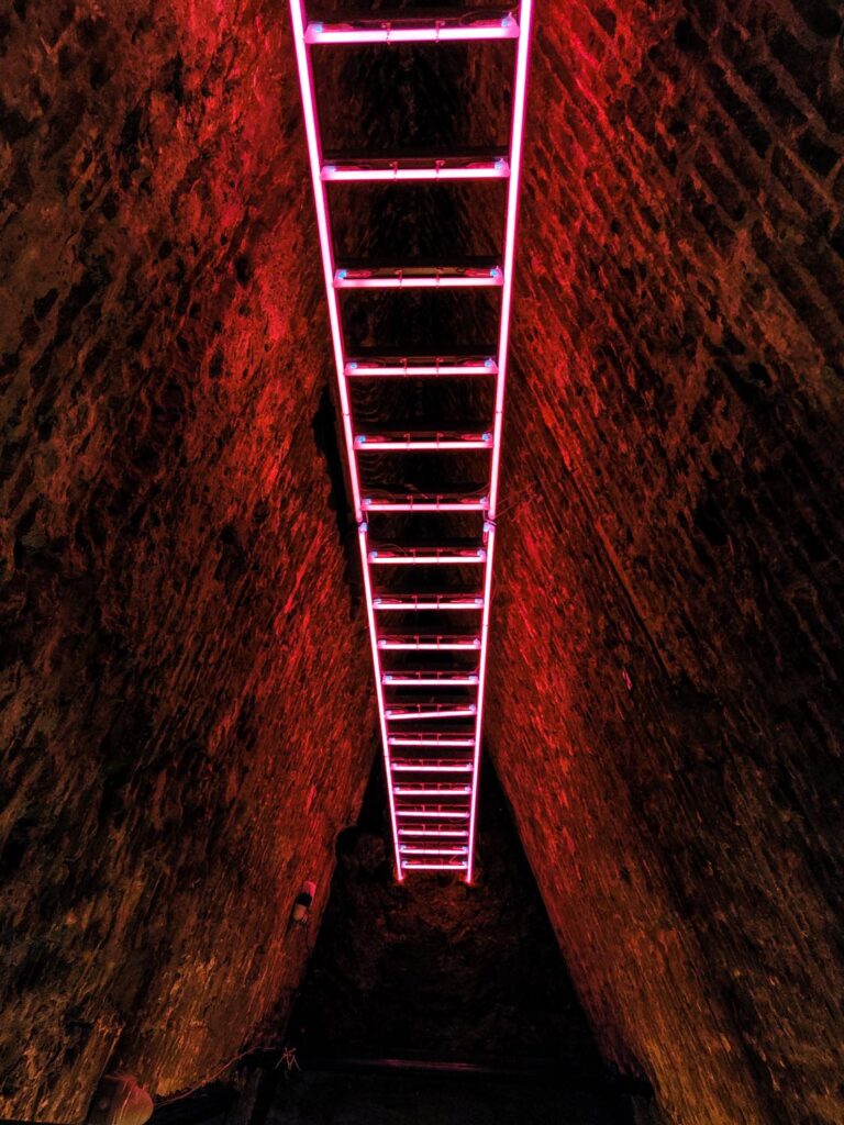 A vertical shot of a pink neon staircase in a cave