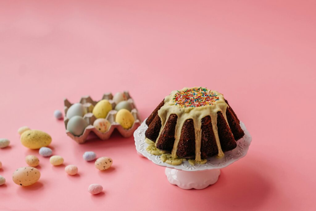 Easter cake with Eggs in the background