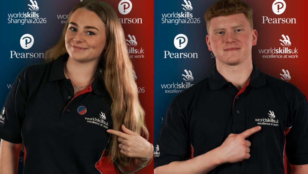 (Left) Erin and (Right) Luke pointing at their tshirts where the WorldSkills UK logo is located