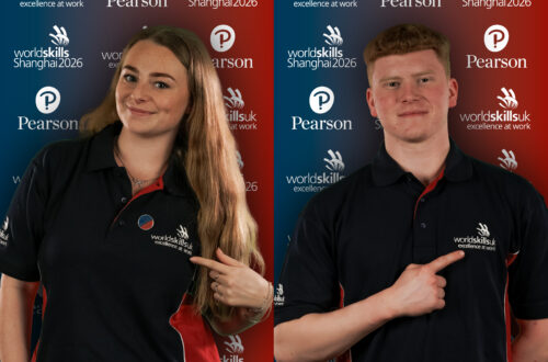 (Left) Erin and (Right) Luke pointing at their tshirts where the WorldSkills UK logo is located