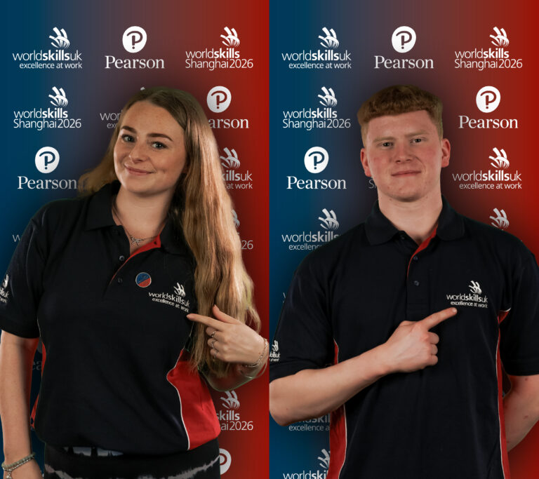 (Left) Erin and (Right) Luke pointing at their tshirts where the WorldSkills UK logo is located