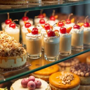 picture of deserts lined up in a bakery