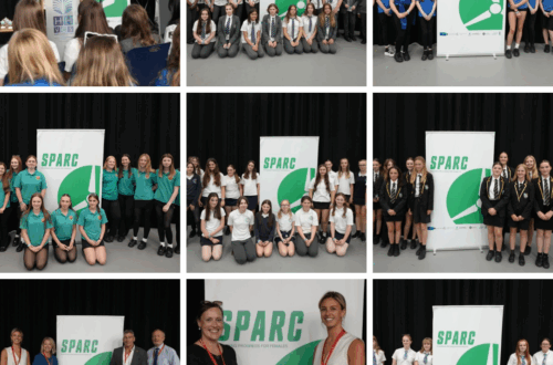 Collage of 9 pictures of students and organisers next to SPARC banner