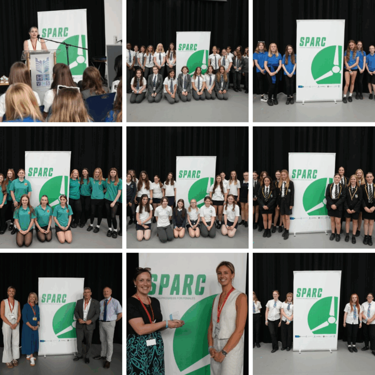 Collage of 9 pictures of students and organisers next to SPARC banner