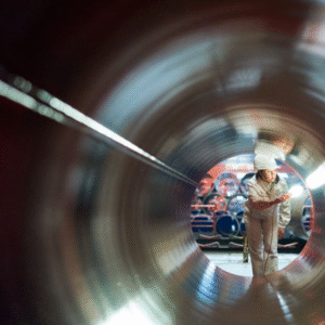 View of a femal in a jumpsuit, background of an engineering workshop - taken through a tunnel
