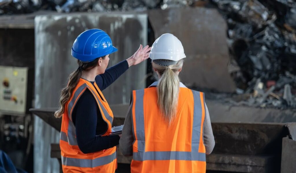 Two female construction workers in hi-vis vests and hard hats