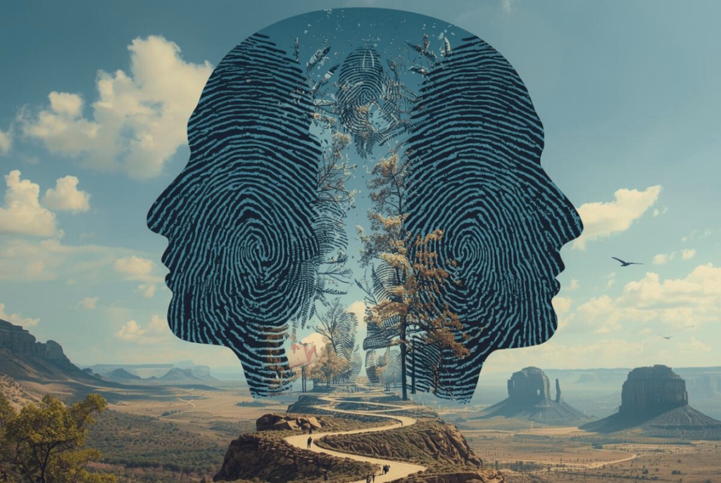 profile of two giant heads with fingerprint design with background of rural landscape