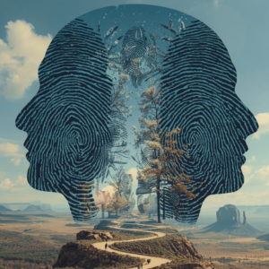 profile of two giant heads with fingerprint design with background of rural landscape