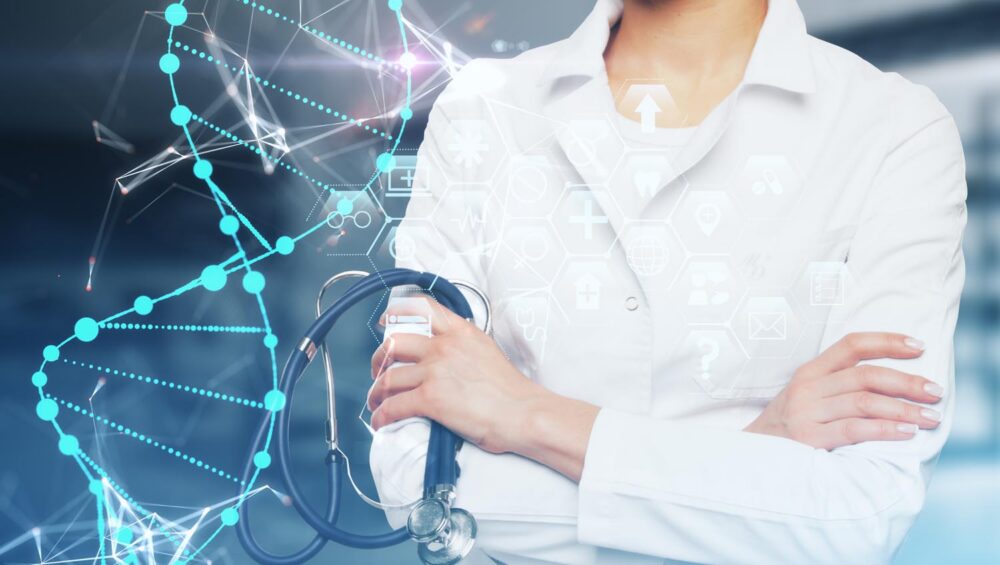 Doctor with stethoscope and folded arms next to image of DNA helix.