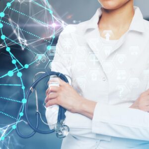 Doctor with stethoscope and folded arms next to image of DNA helix.