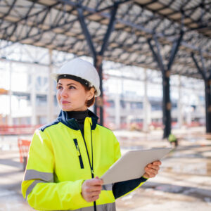 A female in a high vis vest holding a piece of paper